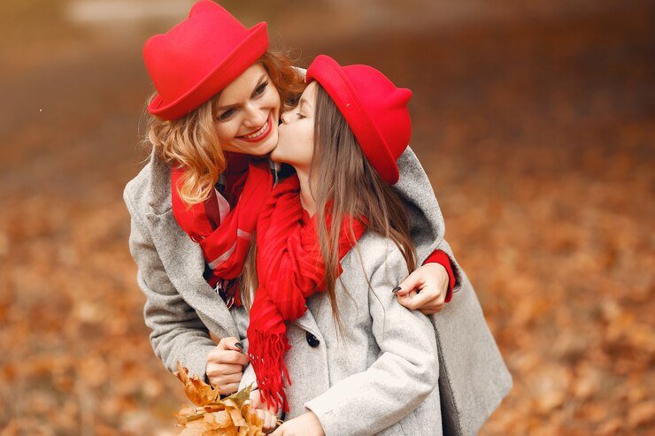 A Canadian family celebrating Mother Day Canada with brunch and flowers in springtime